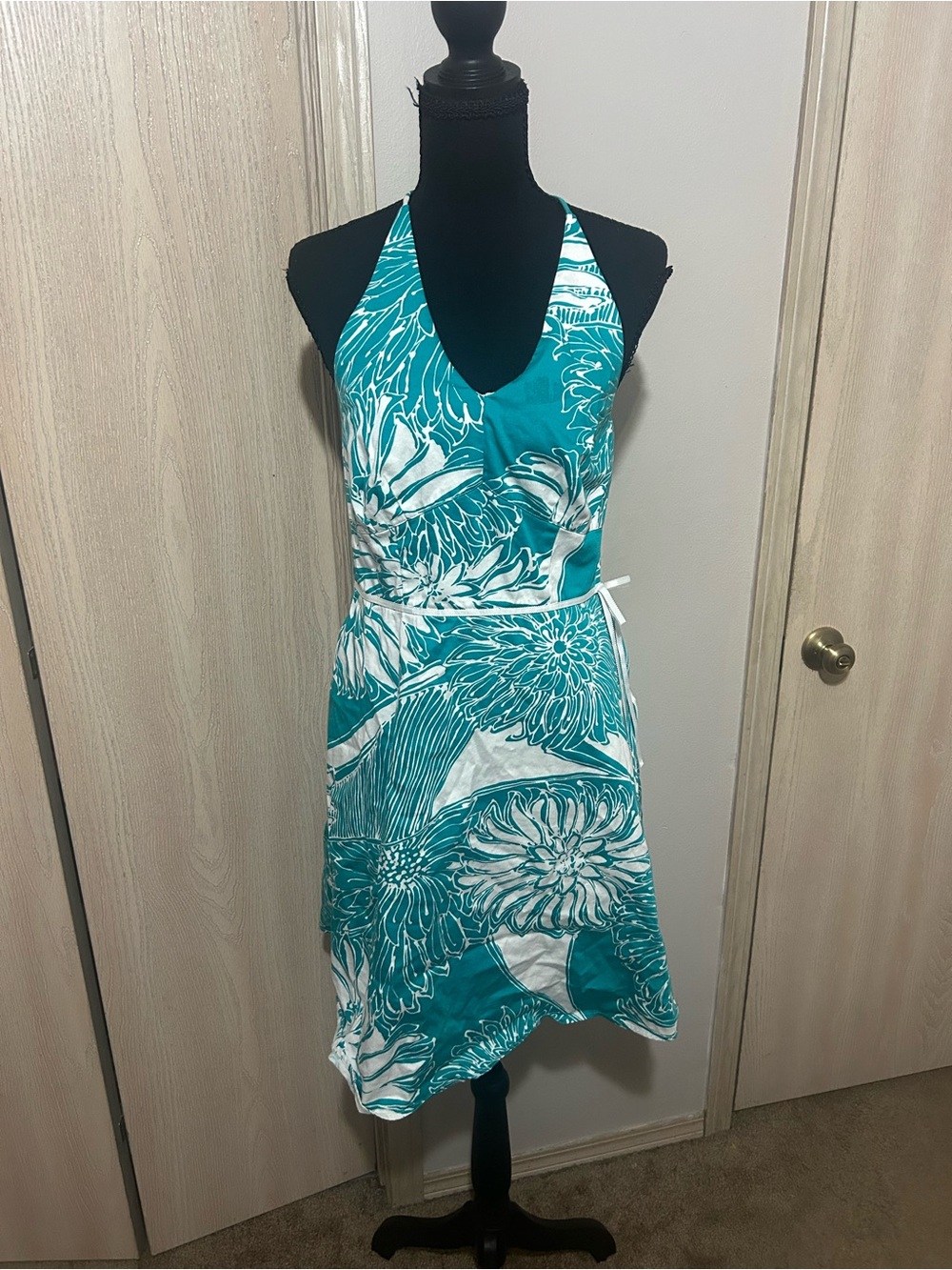 Ann Taylor Teal and White Floral Halter Midi Dress